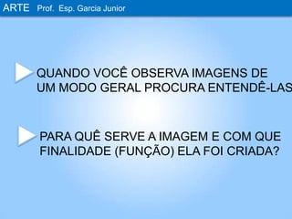 ARTEProf. Esp. Garcia JuniorQUANDO VOCÊ OBSERVA IMAGENS DEUM MODO GERAL PROCURA ENTENDÊ-LAS?PARA QUÊ SERVE A IMAGEM E COM QUEFINALIDADE (FUNÇÃO) ELA FOI CRIADA?