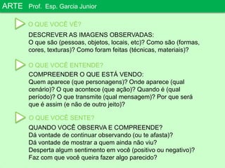 ARTEProf. Esp. Garcia JuniorO QUE VOCÊ VÊ?DESCREVER AS IMAGENS OBSERVADAS:O que são (pessoas, objetos, locais, etc)? Como são (formas, cores, texturas)? Como foram feitas (técnicas, materiais)? O QUE VOCÊ ENTENDE?COMPREENDER O QUE ESTÁ VENDO:Quem aparece (que personagens)? Onde aparece (qual cenário)? O que acontece (que ação)? Quando é (qual período)? O que transmite (qual mensagem)? Por que será que é assim (e não de outro jeito)?O QUE VOCÊ SENTE?QUANDO VOCÊ OBSERVA E COMPREENDE?Dá vontade de continuar observando (ou te afasta)? Dá vontade de mostrar a quem ainda não viu?Desperta algum sentimento em você (positivo ou negativo)?Faz com que você queira fazer algo parecido? 