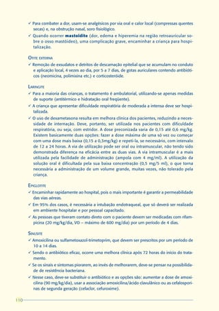 ü Para combater a dor, usam-se analgésicos por via oral e calor local (compressas quentes
        secas) e, na obstrução nasal, soro fisiológico.
      ü Quando ocorrer mastoidite (dor, edema e hiperemia na região retroauricular so-
        bre o osso mastóideo), uma complicação grave, encaminhar a criança para hospi-
        talização.

      OTITE EXTERNA
      ü Remoção de exsudatos e detritos de descamação epitelial que se acumulam no conduto
        e aplicação local, 4 vezes ao dia, por 5 a 7 dias, de gotas auriculares contendo antibióti-
        cos (neomicina, polimixina etc.) e corticosteróide.

      LARINGITE
      ü Para a maioria das crianças, o tratamento é ambulatorial, utilizando-se apenas medidas
        de suporte (antitérmico e hidratação oral freqüente).
      ü A criança que apresentar dificuldade respiratória de moderada a intensa deve ser hospi-
        talizada.
      ü O uso de dexametasona resulta em melhora clínica dos pacientes, reduzindo a neces-
        sidade de internação. Deve, portanto, ser utilizada nos pacientes com dificuldade
        respiratória, ou seja, com estridor. A dose preconizada varia de 0,15 até 0,6 mg/kg.
        Existem basicamente duas opções: fazer a dose máxima de uma só vez ou começar
        com uma dose mais baixa (0,15 a 0,3mg/kg) e repeti-la, se necessário, com intervalo
        de 12 a 24 horas. A via de utilização pode ser oral ou intramuscular, não tendo sido
        demonstrada diferença na eficácia entre as duas vias. A via intramuscular é a mais
        utilizada pela facilidade de administração (ampola com 4 mg/ml). A utilização da
        solução oral é dificultada pela sua baixa concentração (0,5 mg/5 ml), o que torna
        necessária a administração de um volume grande, muitas vezes, não tolerado pela
        criança.

      EPIGLOTITE
      ü Encaminhar rapidamente ao hospital, pois o mais importante é garantir a permeabilidade
        das vias aéreas.
      ü Em 95% dos casos, é necessária a intubação endotraqueal, que só deverá ser realizada
        em ambiente hospitalar e por pessoal capacitado.
      ü As pessoas que tiveram contato direto com o paciente devem ser medicadas com rifam-
        picina (20 mg/kg/dia, VO – máximo de 600 mg/dia) por um período de 4 dias.

      SINUSITE
      ü Amoxicilina ou sulfametoxazol-trimetoprim, que devem ser prescritos por um período de
        10 a 14 dias.
      ü Sendo o antibiótico eficaz, ocorre uma melhora clínica após 72 horas do início do trata-
        mento.
      ü Se os sinais e sintomas piorarem, ao invés de melhorarem, deve-se pensar na possibilida-
        de de resistência bacteriana.
      ü Nesse caso, deve-se substituir o antibiótico e as opções são: aumentar a dose de amoxi-
        cilina (90 mg/kg/dia), usar a associação amoxicilina/ácido clavulânico ou as cefalospori-
        nas de segunda geração (cefaclor, cefuroxime).

110
 