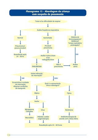Fluxograma 13 - Abordagem da criança
                               com suspeita de pneumonia

                                       Tosse e/ou dificuldade de respirar


                                                           â
                                         Avaliar freqüência respiratória

              â                                            â                                       â
            Normal                                  Aumentada                                 História de
                                                                                           broncoespasmo?
                                                                                              Sibilância?
              â                                             â                             Tempo expiratório
                                                      Provável                               prolongado?
         Pneumonia é
        pouco provável                               pneumonia

              â                                             â
       Reavaliação após                                                                             SIM
                                                Avaliar outros sinais
          24 - 48 hs
                                                        e/ou
                                                 radiografia tórax
                                        â                                 â                        â
                                      É                                Não é                     Avaliar


                                                                                          â
                                  PNEUMONIA                          pneumonia                   asma

                                        â
                                 Existe indicação
                                 de internação?
                   SIM                                                 NÃO
               â                                                   â
      Encaminhar à unidade
                                                         Qual é a apresentação
         de internação;
                                                          clínico-radiológica?
       observar condições
          de transporte.
                                        â                                                 â
                                      Atípica                                           Típica


                                        â
                                      Avaliar


                             â                     â                                      â
                         Micoplasma              Vírus                                Bacteriana
                          Clamídea
                             â                      â                                     â
                                            Hidratar; avaliar                   Antibioticoterapia de
                         Macrolídeo
                                            oxigenoterapia                    acordo com a faixa etária

                             â                      â                                     â
                                              Reavaliação após 24 - 48 horas




114
 