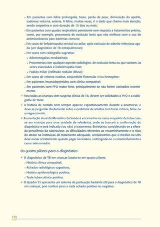 l   Em pacientes com febre prolongada, tosse, perda de peso, diminuição do apetite,
            sudorese noturna, astenia. A febre, muitas vezes, é o dado que chama mais atenção,
            sendo vespertina e com duração de 15 dias ou mais;
        l   Em pacientes com quadro respiratório persistente sem resposta a tratamentos prévios,
            como, por exemplo, pneumonia de evolução lenta que não melhora com o uso de
            antimicrobianos para bactérias comuns;
        l   Em casos de linfadenopatia cervical ou axilar, após exclusão de adenite infecciosa agu-
            da (ver diagnóstico de TB extrapulmonar);
        l   Em casos com radiografia sugestiva:
            Ø   Adenomegalias mediastinais;
            Ø   Pneumonias com qualquer aspecto radiológico, de evolução lenta ou que cavitam, às
                vezes associadas à linfadenopatia hilar;
            Ø   Padrão miliar (infiltrado nodular difuso);
        l   Em casos de eritema nodoso, conjuntivite flictenular e/ou hemoptise;
        l   Em pacientes imunodeprimidos com clínica compatível;
        l   Em pacientes com PPD reator forte, principalmente se não forem vacinados recente-
            mente.
      ü Para todas as crianças com suspeita clínica de TB, devem ser solicitados o PPD e a radio-
        grafia de tórax.
      ü A história de contato nem sempre aparece espontaneamente durante a anamnese, e
        deve-se perguntar diretamente sobre a existência de adultos com tosse crônica, febre ou
        emagrecimento.
      ü A orientação atual do Ministério da Saúde é encaminhar os casos suspeitos de tuberculo-
        se em crianças para uma unidade de referência, onde se buscará a confirmação do
        diagnóstico e será indicado (ou não) o tratamento. Entretanto, considerando-se a eleva-
        da prevalência da tuberculose, as dificuldades referentes ao encaminhamento e o risco
        do atraso na instituição do tratamento adequado, consideramos que o médico na UBS
        deve iniciar o tratamento quando julgar necessário, restringindo-se o encaminhamento a
        casos selecionados.

      Os quatro pilares para o diagnóstico
      ü O diagnóstico de TB em crianças baseia-se em quatro pilares:
        l   História clínica compatível;
        l   Achados radiológicos sugestivos;
        l   História epidemiológica positiva;
        l   Teste tuberculínico positivo.
      ü O Quadro 55 apresenta um sistema de pontuação bastante útil para o diagnóstico de TB
        em crianças, pois confere peso a cada achado positivo ou negativo.




139
138
 