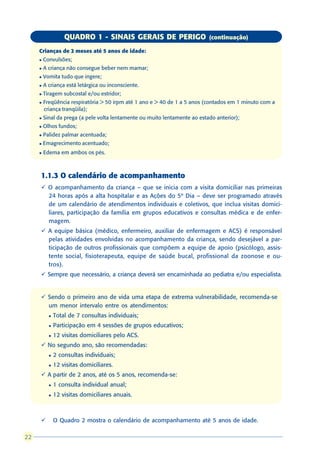 QUADRO 1 - SINAIS GERAIS DE PERIGO                       (continuação)

     Crianças de 2 meses até 5 anos de idade:
     l   Convulsões;
     l   A criança não consegue beber nem mamar;
     l   Vomita tudo que ingere;
     l   A criança está letárgica ou inconsciente.
     l   Tiragem subcostal e/ou estridor;
     l   Freqüência respiratória > 50 irpm até 1 ano e > 40 de 1 a 5 anos (contados em 1 minuto com a
         criança tranqüila);
     l   Sinal da prega (a pele volta lentamente ou muito lentamente ao estado anterior);
     l   Olhos fundos;
     l   Palidez palmar acentuada;
     l   Emagrecimento acentuado;
     l   Edema em ambos os pés.



     1.1.3 O calendário de acompanhamento
     ü O acompanhamento da criança – que se inicia com a visita domiciliar nas primeiras
       24 horas após a alta hospitalar e as Ações do 5º Dia – deve ser programado através
       de um calendário de atendimentos individuais e coletivos, que inclua visitas domici-
       liares, participação da família em grupos educativos e consultas médica e de enfer-
       magem.
     ü A equipe básica (médico, enfermeiro, auxiliar de enfermagem e ACS) é responsável
       pelas atividades envolvidas no acompanhamento da criança, sendo desejável a par-
       ticipação de outros profissionais que compõem a equipe de apoio (psicólogo, assis-
       tente social, fisioterapeuta, equipe de saúde bucal, profissional da zoonose e ou-
       tros).
     ü Sempre que necessário, a criança deverá ser encaminhada ao pediatra e/ou especialista.


     ü Sendo o primeiro ano de vida uma etapa de extrema vulnerabilidade, recomenda-se
       um menor intervalo entre os atendimentos:
           l   Total de 7 consultas individuais;
           l   Participação em 4 sessões de grupos educativos;
           l   12 visitas domiciliares pelo ACS.
     ü No segundo ano, são recomendadas:
           l   2 consultas individuais;
           l   12 visitas domiciliares.
     ü A partir de 2 anos, até os 5 anos, recomenda-se:
           l   1 consulta individual anual;
           l   12 visitas domiciliares anuais.



     ü         O Quadro 2 mostra o calendário de acompanhamento até 5 anos de idade.

22
 
