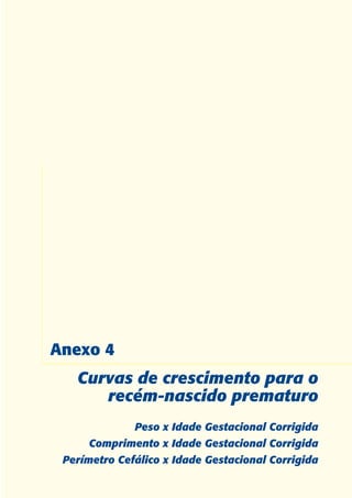 Anexo 4
   Curvas de crescimento para o
      recém-nascido prematuro
              Peso x Idade Gestacional Corrigida
     Comprimento x Idade Gestacional Corrigida
 Perímetro Cefálico x Idade Gestacional Corrigida
 