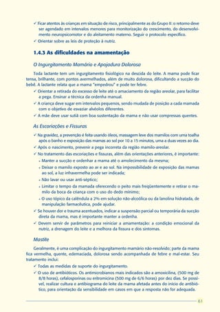 ü Ficar atentos às crianças em situação de risco, principalmente as do Grupo II: o retorno deve
      ser agendado em intervalos menores para monitorização do crescimento, do desenvolvi-
      mento neuropsicomotor e do aleitamento materno. Seguir o protocolo específico.
   ü Orientar sobre as leis de proteção à nutriz.

   1.4.3 As dificuldades na amamentação

   O Ingurgitamento Mamário e Apojadura Dolorosa
    Toda lactante tem um ingurgitamento fisiológico na descida do leite. A mama pode ficar
tensa, brilhante, com pontos avermelhados, além de muito dolorosa, dificultando a sucção do
bebê. A lactante relata que a mama “empedrou” e pode ter febre.
   ü Orientar a retirada do excesso de leite até o amaciamento da região areolar, para facilitar
     a pega. Ensinar a técnica da ordenha manual.
   ü A criança deve sugar em intervalos pequenos, sendo mudada de posição a cada mamada
     com o objetivo de esvaziar alvéolos diferentes.
   ü A mãe deve usar sutiã com boa sustentação da mama e não usar compressas quentes.

   As Escoriações e Fissuras
   ü Na gravidez, a prevenção é feita usando óleos, massagem leve dos mamilos com uma toalha
     após o banho e exposição das mamas ao sol por 10 a 15 minutos, uma a duas vezes ao dia.
   ü Após o nascimento, prevenir a pega incorreta da região mamilo-areolar.
   ü No tratamento das escoriações e fissuras, além das orientações anteriores, é importante:
      l   Manter a sucção e ordenhar a mama até o amolecimento da mesma;
      l   Deixar o mamilo exposto ao ar e ao sol. Na impossibilidade de exposição das mamas
          ao sol, a luz infravermelha pode ser indicada;
      l   Não lavar ou usar anti-séptico;
      l   Limitar o tempo da mamada oferecendo o peito mais freqüentemente e retirar o ma-
          milo da boca da criança com o uso do dedo mínimo;
      l   O uso tópico da calêndula a 2% em solução não-alcoólica ou da lanolina hidratada, de
          manipulação farmacêutica, pode ajudar.
   ü Se houver dor e trauma acentuados, indicar a suspensão parcial ou temporária da sucção
     direta da mama, mas é importante manter a ordenha.
   ü Devem servir de parâmetros para reiniciar a amamentação: a condição emocional da
     nutriz, a drenagem do leite e a melhora da fissura e dos sintomas.

   Mastite
     Geralmente, é uma complicação do ingurgitamento mamário não-resolvido; parte da mama
fica vermelha, quente, edemaciada, dolorosa sendo acompanhada de febre e mal-estar. Seu
tratamento inclui:
   ü Todas as medidas de suporte do ingurgitamento.
   ü O uso de antibióticos. Os antimicrobianos mais indicados são a amoxicilina, (500 mg de
     8/8 horas), cefalosporinas ou eritromicina (500 mg de 6/6 horas) por dez dias. Se possí-
     vel, realizar cultura e antibiograma do leite da mama afetada antes do início de antibió-
     tico, para orientação da sensibilidade em casos em que a resposta não for adequada.

                                                                                                  61
                                                                                                 61
 