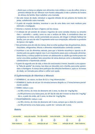 l   Assim que a criança se adaptar com alimentos mais sólidos e o uso da colher, iniciar a
          primeira refeição de sal. Oferecer num horário adequado à mãe e próximo do horário
          de almoço da família. Deve substituir uma mamada.
  ü Aos sete meses de idade, introduzir a segunda refeição de sal, próximo do horário do
    jantar, substituindo outra mamada.
  ü A partir da erupção dentária, incentivar o uso de uma dieta com mais resíduos para
    estimular a mastigação.
  ü Orientar a maneira de fazer a higiene oral da criança.
  ü A refeição de sal consiste de cereais e legumes de cores variadas (branco ou amarelo
    claro + vermelho + verde), carne ou ovo e verdura de folha. A consistência deve ser
    semipastosa no início, sendo aumentada aos poucos, até chegar à refeição habitual da
    família, com um ano de vida. É importante variar sua composição, utilizando os produtos
    da época e da região.
  ü Nos primeiros anos de vida da criança, deve-se evitar qualquer tipo de guloseimas, doces,
    chocolates, refrigerantes, frituras e alimentos industrializados contendo corantes.
  ü Incentivar o uso de alimentos naturais, para que o lactente reconheça e aprecie os ali-
     mentos pelo seu gosto original; isso é um importante passo para a educação alimentar.
     Dessa forma, a criança poderá se tornar um adolescente ou adulto que tenha prazer em
     comer uma dieta saudável, fator preventivo de várias doenças como a obesidade, hiper-
     colesterolemia e hipertensão arterial.
  ü A partir do segundo ano de vida, o ritmo de crescimento é menor, levando a uma aparen-
    te “falta de apetite” da criança. Isso deve ser discutido com a família, para evitar apreen-
    sões e chantagens. A criança deve participar das refeições familiares e, após os 18 meses
    de idade, ser treinada para utilizar a colher sem ajuda.

  A Suplementação de Vitaminas e Minerais
  ü VITAMINA K1: ao nascer, na dose de 0,5 a 1mg intramuscular;
  ü VITAMINA D: banho de sol por 30 minutos/semana despido ou 2 horas/semana parcial-
    mente vestido;
  ü FERRO: indicar o uso:
      l   no RN a termo, do início do desmame até 2 anos, na dose de 1mg/Kg/dia;
      l   no RN pré-termo e/ou baixo peso, do 30º dia de vida até 4 meses na dose de 2 mg/Kg/
          dia e, a partir de então, até 2 anos, na dose de 1mg/Kg/dia;
  ü POLIVITAMÍNICOS: indicar o uso
      l   no RN a termo, do início do desmame até 2 anos, sempre que a dieta for carente;
      l   no RN pré-termo e/ou baixo peso, a partir de 1 semana até 2 anos.

  Roteiro


 ao acordar      meio da manhã    fim da manhã      meio da tarde    fim da tarde       ao deitar

   ò                  ò               ò                ò                ò                ò
leite materno          suco       refeição de sal       fruta       refeição de sal   leite materno


                                                                                                       65
                                                                                                      65
 