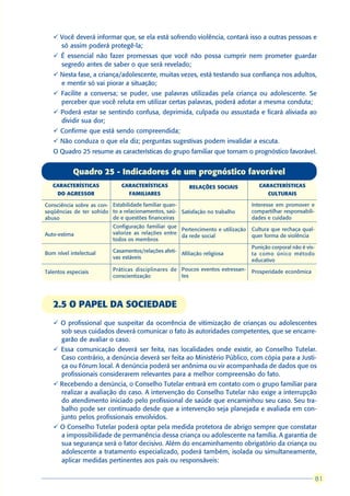 ü Você deverá informar que, se ela está sofrendo violência, contará isso a outras pessoas e
     só assim poderá protegê-la;
   ü É essencial não fazer promessas que você não possa cumprir nem prometer guardar
     segredo antes de saber o que será revelado;
   ü Nesta fase, a criança/adolescente, muitas vezes, está testando sua confiança nos adultos,
     e mentir só vai piorar a situação;
   ü Facilite a conversa; se puder, use palavras utilizadas pela criança ou adolescente. Se
     perceber que você reluta em utilizar certas palavras, poderá adotar a mesma conduta;
   ü Poderá estar se sentindo confusa, deprimida, culpada ou assustada e ficará aliviada ao
     dividir sua dor;
   ü Confirme que está sendo compreendida;
   ü Não conduza o que ela diz; perguntas sugestivas podem invalidar a escuta.
   O Quadro 25 resume as características do grupo familiar que tornam o prognóstico favorável.


           Quadro 25 - Indicadores de um prognóstico favorável
   CARACTERÍSTICAS            CARACTERÍSTICAS            RELAÇÕES SOCIAIS            CARACTERÍSTICAS
     DO AGRESSOR                 FAMILIARES                                              CULTURAIS

Consciência sobre as con- Estabilidade familiar quan-                             Interesse em promover e
seqüências de ter sofrido to a relacionamentos, saú- Satisfação no trabalho       compartilhar responsabili-
abuso                     de e questões financeiras                               dades e cuidado
                          Configuração familiar que
                                                     Pertencimento e utilização   Cultura que rechaça qual-
Auto-estima               valorize as relações entre
                                                     da rede social               quer forma de violência
                          todos os membros
                                                                                  Punição corporal não é vis-
Bom nível intelectual     Casamentos/relações afeti-
                                                     Afiliação religiosa          ta como único método
                          vas estáveis
                                                                                  educativo

Talentos especiais        Práticas disciplinares de Poucos eventos estressan-     Prosperidade econômica
                          conscientização           tes




   2.5 O PAPEL DA SOCIEDADE
   ü O profissional que suspeitar da ocorrência de vitimização de crianças ou adolescentes
     sob seus cuidados deverá comunicar o fato às autoridades competentes, que se encarre-
     garão de avaliar o caso.
   ü Essa comunicação deverá ser feita, nas localidades onde existir, ao Conselho Tutelar.
     Caso contrário, a denúncia deverá ser feita ao Ministério Público, com cópia para a Justi-
     ça ou Fórum local. A denúncia poderá ser anônima ou vir acompanhada de dados que os
     profissionais considerarem relevantes para a melhor compreensão do fato.
   ü Recebendo a denúncia, o Conselho Tutelar entrará em contato com o grupo familiar para
     realizar a avaliação do caso. A intervenção do Conselho Tutelar não exige a interrupção
     do atendimento iniciado pelo profissional de saúde que encaminhou seu caso. Seu tra-
     balho pode ser continuado desde que a intervenção seja planejada e avaliada em con-
     junto pelos profissionais envolvidos.
   ü O Conselho Tutelar poderá optar pela medida protetora de abrigo sempre que constatar
     a impossibilidade de permanência dessa criança ou adolescente na família. A garantia de
     sua segurança será o fator decisivo. Além do encaminhamento obrigatório da criança ou
     adolescente a tratamento especializado, poderá também, isolada ou simultaneamente,
     aplicar medidas pertinentes aos pais ou responsáveis:

                                                                                                                 81
                                                                                                                81
 