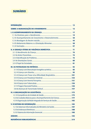 SUMÁRIO



INTRODUÇÃO................................................................................................................................. 13

SOBRE A HUMANIZAÇÃO DO ATENDIMENTO................................................................. 15

I. O ACOMPANHAMENTO DA CRIANÇA............................................................................. 17
   1.1 As Diretrizes para o Atendimento................................................................................. 19
   1.2 O Acompanhamento do Crescimento e Desenvolvimento.................................. 30
   1.3 A Abordagem do Recém-nascido.................................................................................. 44
   1.4 O Aleitamento Materno e a Orientação Alimentar................................................... 58
   1.5 A Vacinação.......................................................................................................................... 67

II. A CRIANÇA VÍTIMA DE VIOLÊNCIA DOMÉSTICA....................................................... 71
    2.1 O Atendimento da Criança............................................................................................ 74
    2.2 As Ações Preventivas........................................................................................................ 74
    2.3 A Identificação do Problema.......................................................................................... 75
    2.4 As Orientações Gerais...................................................................................................... 80
    2.5 O Papel da Sociedade...................................................................................................... 81

III. AS PATOLOGIAS NA INFÂNCIA....................................................................................... 83
       3.1 A Criança com Desnutrição Energético-protéica...................................................... 85
       3.2 A Criança com Diarréia................................................................................................. 95
       3.3 A Criança com Tosse e/ou Dificuldade Respiratória........................................... 101
       3.4 A Criança com Parasitose Intestinal............................................................................ 125
       3.5 A Criança com Anemia Ferropriva................................................................................ 131
       3.6 A Criança com Tuberculose............................................................................................ 136
       3.7 A Triagem Neonatal Positiva.......................................................................................... 146
       3.8 As Doenças de Transmissão Vertical........................................................................... 157

IV. A ORGANIZAÇÃO DA ASSISTÊNCIA............................................................................... 173
      4.1 A Competência da Unidade de Saúde......................................................................... 175
      4.2 Os Cuidados Básicos para o Acompanhamento da Criança................................ 177
      4.3 A Organização da Rede Integrada de Serviços de Saúde...................................... 182

V. O SISTEMA DE INFORMAÇÃO............................................................................................. 185
      5.1 Os Sistemas Informatizados do Ministério da Saúde............................................. 187
      5.2 Os Endereços Eletrônicos................................................................................................. 188
      5.3 O Sistema de Informação Gerencial............................................................................. 189

ANEXOS............................................................................................................................................ 195

REFERÊNCIAS BIBLIOGRÁFICAS............................................................................................ 219
 