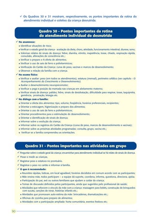 ü Os Quadros 30 e 31 mostram, respectivamente, os pontos importantes da rotina do
          atendimento individual e coletivo da criança desnutrida.


                               Quadro 30 - Pontos importantes da rotina
                               do atendimento individual do desnutrido
     ü Na anamnese:
       l   Identificar situações de risco;
       l   Verificar o estado geral da criança - aceitação da dieta, choro, atividade, funcionamento intestinal, diurese, sono;
       l   Valorizar relatos de sinais de doença: febre, diarréia, vômito, inapetência, tosse, chiado, respiração rápida,
           convulsão, alterações de consciência etc.;
       l   Verificar o preparo e A oferta de alimentos;
       l   Verificar o uso de sais de ferro e polivitamínicos;
       l   Verificação do Cartão da Criança: curva de peso, vacinas e marcos de desenvolvimento;
       l   Observar a relação da família com a criança.
     ü No exame físico:
       l   Verificar e avaliar: peso (em todos os atendimentos), estatura (mensal), perímetro cefálico (ver capítulo - O
           Acompanhamento do Crescimento e Desenvolvimento);
       l   Avaliar o desenvolvimento neuropsicomotor;
       l   Verificar a pega e posição da mamada nas crianças em aleitamento materno;
       l   Verificar sinais de doença: palidez, febre, sinais de desidratação, dificuldade para respirar, tosse, taquipnéia,
           gemência, prostração, letargia etc.
     ü No diálogo com a família:
       l   Orientar a oferta dos alimentos: tipo, volume, freqüência, horários preferenciais, recipientes;
       l   Orientar a estocagem, higienização e preparo dos alimentos;
       l   Orientar o uso de sais de ferro e polivitamínicos;
       l   Orientar procedimentos para a estimulação do desenvolvimento;
       l   Orientar a identificação de sinais de doença;
       l   Informar sobre a evolução da criança;
       l   Informar sobre os registros do Cartão da Criança (curva de peso, marcos de desenvolvimento e vacinas);
       l   Informar sobre as próximas atividades programadas: consulta, grupo, vacina etc.;
       l       Verificar se a família compreendeu as orientações.




                  Quadro 31 - Pontos importantes nas atividades em grupo
      ü Perguntar sobre o estado geral da criança; encaminhar para atendimento individual se há relato de sinais de doença.
      ü Pesar e medir as crianças.
      ü Registrar peso e estatura no prontuário.
      ü Registrar o peso no cartão e informar à família.
      ü O que é recomendado:
           l   Reuniões rápidas, lúdicas, em local agradável, horários decididos em comum acordo com as participantes;
           l   Mãe ensina mãe, todos participam – a equipe dá suporte, coordena, informa, questiona, direciona, apóia;
           l   Participação do pai, avó ou outros familiares que ajudam a cuidar da criança;
           l   Temas de discussão definidos pelos participantes, ainda que sugeridos pelo profissional de saúde;
           l   Atividades que reforcem o vínculo da mãe com a criança: massagem para bebês, construção de brinquedos
               com sucata, canções de ninar, histórias infantis etc.;
           l   Atividades que promovam auto-estima da mãe: brincadeiras, dramatizações etc.;
           l   Oficinas de cozinha para preparo de alimentos;
           l   Atividades com a participação ampliada: horta comunitária, eventos festivos etc;



90
 