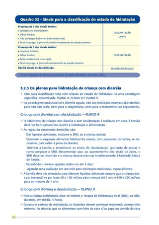 Quadro 32 - Sinais para a classificação do estado de hidratação
     Presença de 2 dos sinais abaixo:
     l   Letárgica ou inconsciente;
                                                                                      DESIDRATAÇÃO
     l   Olhos fundos;
                                                                                          GRAVE
     l   Não consegue beber ou bebe muito mal;
     l   Sinal da prega: a pele volta muito lentamente ao estado anterior.
     Presença de 2 dos sinais abaixo:
     l   Inquieta, irritada;
     l   Olhos fundos;                                                                DESIDRATAÇÃO
     l   Bebe avidamente, com sede;
     l   Sinal da prega: a pele volta lentamente ao estado anterior.
     Não há sinais de desidratação.                                                  SEM DESIDRATAÇÃO

         Fonte: Adaptado do Manual de quadros do AIDPI, Ministério da Saúde, 2002.




         3.2.3 Os planos para hidratação da criança com diarréia
         ü Para cada classificação feita com relação ao estado de hidratação há uma abordagem
           específica, denominada: PLANO A, PLANO B e PLANO C.
         ü Na abordagem ambulatorial à diarréia aguda, não são indicados exames laboratoriais,
           pois não são úteis, nem para o diagnóstico, nem para o tratamento ou seguimento.

         Criança com diarréia sem desidratação – PLANO A
         ü O tratamento da criança com diarréia e sem desidratação é realizado em casa. A família
           deve ser bem-esclarecida quanto à hidratação e alimentação.
         ü As regras do tratamento domiciliar são:
             l   Dar líquidos adicionais, inclusive o SRO, se a criança aceitar;
             l   Continuar o esquema alimentar habitual da criança, com pequenas correções, se ne-
                 cessário, para evitar a piora da diarréia;
             l   Orientar a família a reconhecer os sinais de desidratação (portanto de piora) e
                 como preparar o SRO. Recomendar que, ao aparecimento dos sinais de piora, o
                 SRO deve ser mantido e a criança deverá retornar imediatamente à Unidade Básica
                 de Saúde;
             l   Persistindo o mesmo quadro, voltar em até 2 dias;
             l   Agendar uma avaliação em um mês para orientação nutricional, especialmente.
         ü A família deve ser orientada para oferecer líquidos adicionais sempre que a criança eva-
           cuar, tomando-se por base 50 a 100 ml/vez para crianças até 1 ano e 100 a 200 ml/vez
           para as maiores de 1 ano.

         Criança com diarréia e desidratação – PLANO B
         ü Para a criança desidratada, deve-se instituir a Terapia de Reidratação Oral (TRO), na UBS,
           durando, em média, 4 horas.
         ü Durante o período de reidratação, os lactentes devem continuar recebendo apenas leite
           materno. As crianças que se alimentam com leite de vaca e/ou papa ou comida da casa

96
 