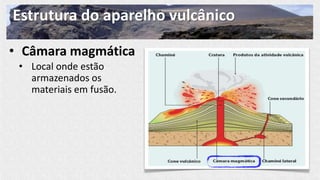 Estrutura do aparelho vulcânico
• Câmara magmática
• Local onde estão
armazenados os
materiais em fusão.
 