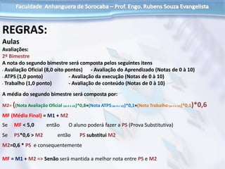 REGRAS:
Aulas
Avaliações:
2º Bimestre
A nota do segundo bimestre será composta pelos seguintes itens
• Avaliação Oficial (8,0 oito pontos) - Avaliação do Aprendizado (Notas de 0 à 10)
• ATPS (1,0 ponto) - Avaliação da execução (Notas de 0 à 10)
• Trabalho (1,0 ponto) - Avaliação de conteúdo (Notas de 0 à 10)
A média do segundo bimestre será composta por:
M2= ((Nota Avaliação Oficial (de 0 á 10))*0,8+(Nota ATPS(de 0 á 10))*0,1+(Nota Trabalho(de 0 á 10))*0,1)*0,6
MF (Média Final) = M1 + M2
Se MF < 5,0 então O aluno poderá fazer a PS (Prova Substitutiva)
Se PS*0,6 > M2 então PS substitui M2
M2=0,6 * PS e consequentemente
MF = M1 + M2 => Senão será mantida a melhor nota entre PS e M2
 