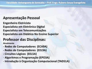Apresentação Pessoal
Engenheiro Eletricista
Especialista em Eletrônica Digital
Especialista em Telecomunicações
Especialista em Didática No Ensino Superior
Professor das Disciplinas:
Atualmente
- Redes de Computadores (ECA9A)
- Redes de Computadores (EEL9A)
- Circuitos Lógicos (EEL5A)
- Algoritmos e Programação (EPO3A)
- Introdução à Organização Computacional (TADS1A)
 