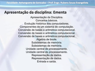 Apresentação da disciplina: Ementa
Apresentação da Disciplina.
Conceitos básicos.
Evolução histórica dos computadores.
Componentes de um sistema de computação.
Conversão de bases e aritmética computacional.
Conversão de bases e aritmética computacional.
Conversão de bases e aritmética computacional.
Álgebra de boole.
Subsistemas de memória.
Subsistemas de memória.
Unidade central de processamento.
Unidade central de processamento.
Representação de dados.
Representação de dados.
Entrada e saída.
 