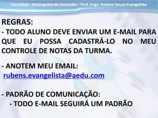 REGRAS:
- TODO ALUNO DEVE ENVIAR UM E-MAIL PARA
QUE EU POSSA CADASTRÁ-LO NO MEU
CONTROLE DE NOTAS DA TURMA.
- ANOTEM MEU EMAIL:
rubens.evangelista@aedu.com
- PADRÃO DE COMUNICAÇÃO:
- TODO E-MAIL SEGUIRÁ UM PADRÃO
 