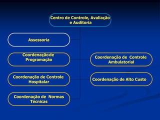 Centro de Controle, Avaliação
                            e Auditoria



      Assessoria


    Coordenação de
                                        Coordenação de Controle
     Programação
                                              Ambulatorial


Coordenação de Controle
                                       Coordenação de Alto Custo
      Hospitalar


Coordenação de Normas
       Técnicas
 