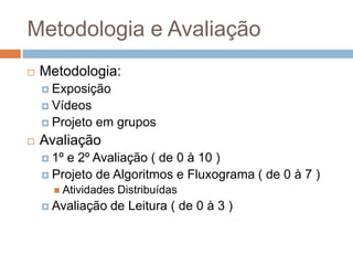 Metodologia e Avaliação


Metodologia:
 Exposição
 Vídeos
 Projeto



em grupos

Avaliação
 1º

e 2º Avaliação ( de 0 à 10 )
 Projeto de Algoritmos e Fluxograma ( de 0 à 7 )
 Atividades

 Avaliação

Distribuídas

de Leitura ( de 0 à 3 )

 