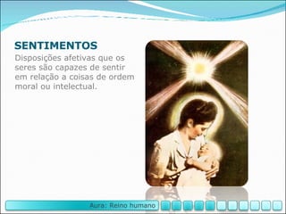 SENTIMENTOS Disposições afetivas que os seres são capazes de sentir em relação a coisas de ordem moral ou intelectual. Aura: Reino humano 