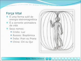 Força Vital É uma forma sutil de energia eletromagnética É a corrente animadora da vida Seus nomes: Cristo: Luz Russos: Bioplámica Índia: Pran ou Prana China: Chi ou Qui Aura: Reino mineral 