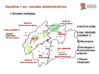 Desafios > ex.: escalas administrativas

      > Escalas múltiplas

                                                                                 NUTS III
                      NUTS III                                                 Cova da Beira
                Pinhal Interior Norte           Oliveira do Hospital
                                                                                               4 NUTS III (CIM)
3 GAL (LEADER +)
                                                                           GAL
                                                                 Covilhã

 - ADIBER
                                                                                               6 GAL PRODER
                                                                           ADERES
 - DUECEIRA            Coimbra
                                                                            Fundão
                                                                                               (LEADER +)
 - Terras de Sicó

                                                                                               20 Municípios

                                                                           GAL ADRACES
                                                                                               > Estratégias e
                                                                                               financiamentos
                                                                           Castelo Branco

                                                                           NUTS III            próprios
                                          GAL
                                                                       Beira Interior Sul
                                          Pinhal Maior
                        NUTS III                                                               > Requer
                    Pinhal Interior Sul                                                        integração
 