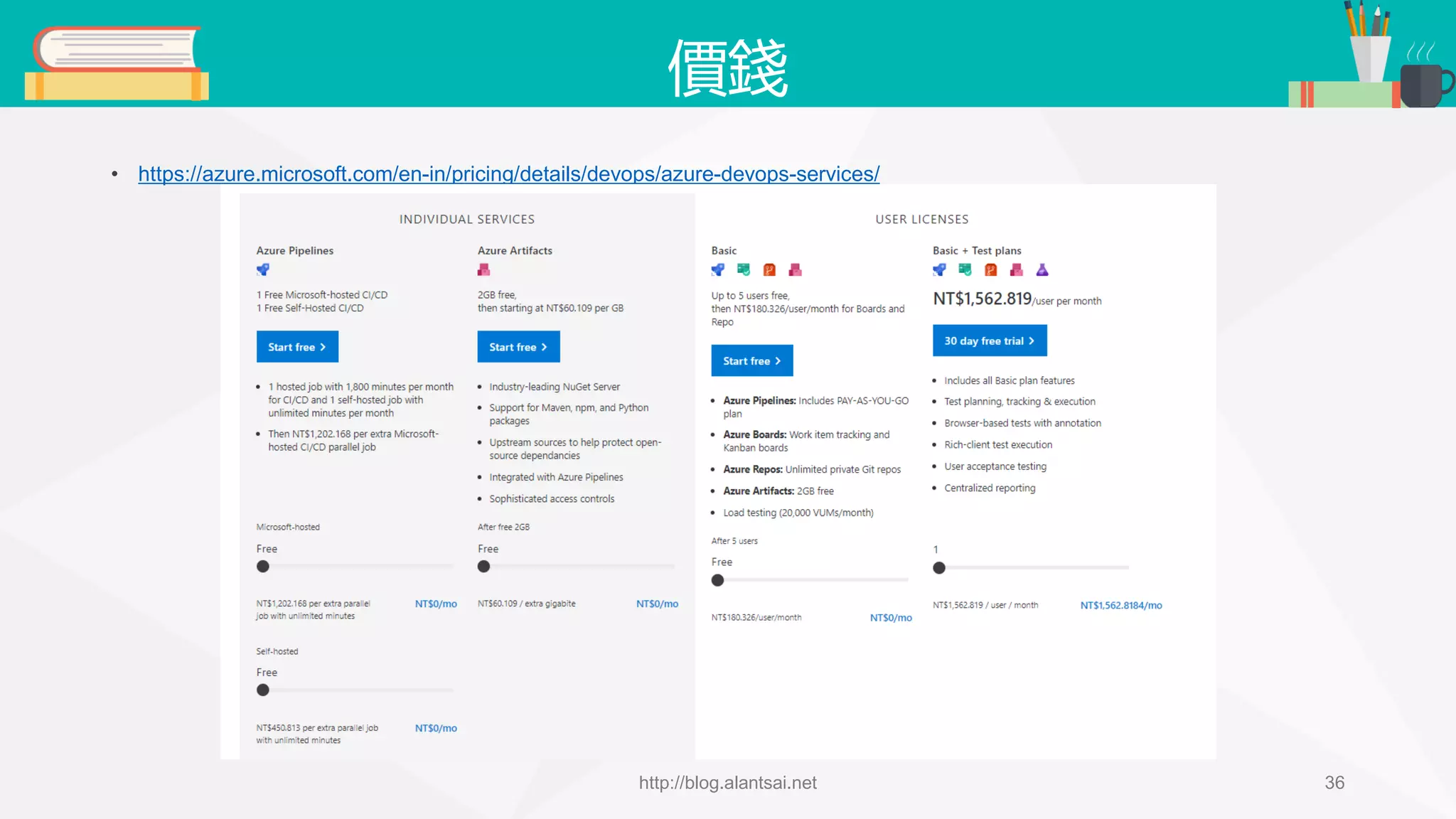 價錢 • https://azure.microsoft.com/en-in/pricing/details/devops/azure-devops-services/ http://blog.alantsai.net 36 
