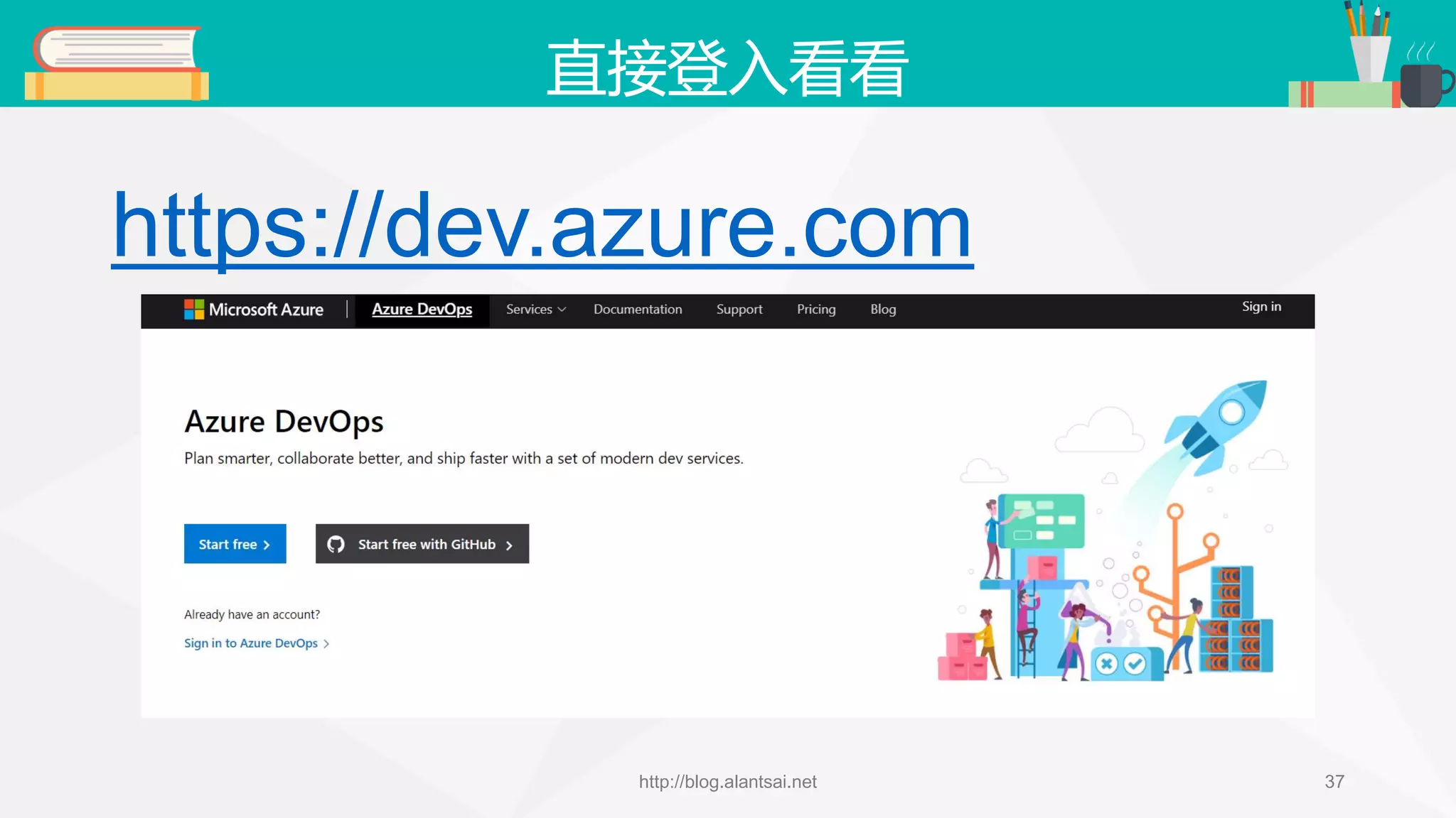 直接登入看看 https://dev.azure.com http://blog.alantsai.net 37 