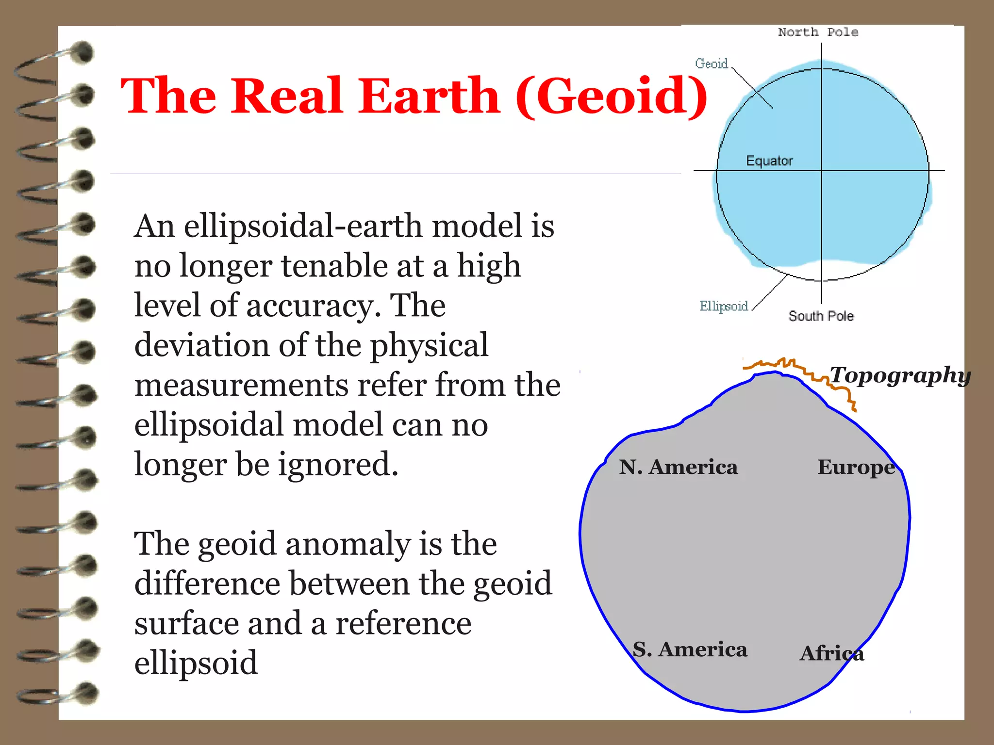 EuropeN. America
S. America Africa
Topography
An ellipsoidal-earth model is
no longer tenable at a high
level of accuracy. The
deviation of the physical
measurements refer from the
ellipsoidal model can no
longer be ignored.
The geoid anomaly is the
difference between the geoid
surface and a reference
ellipsoid
The Real Earth (Geoid)
 