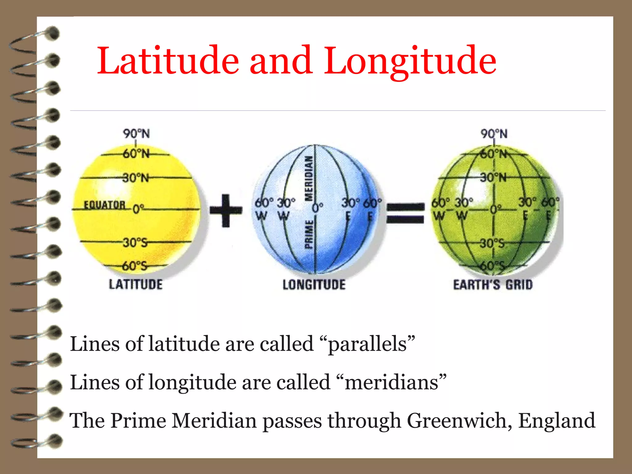 Latitude and Longitude
Lines of latitude are called “parallels”
Lines of longitude are called “meridians”
The Prime Meridian passes through Greenwich, England
 