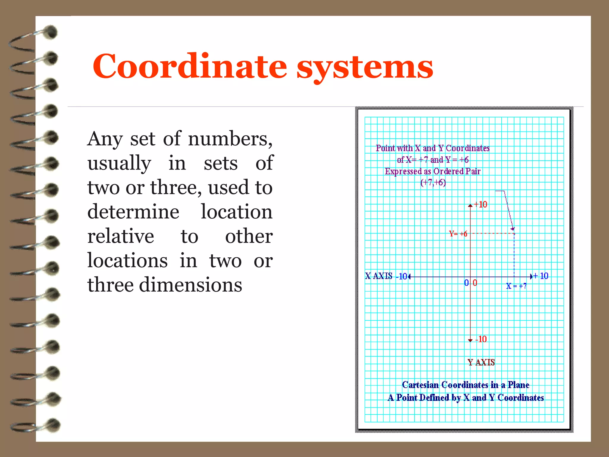 Any set of numbers,
usually in sets of
two or three, used to
determine location
relative to other
locations in two or
three dimensions
Coordinate systems
 
