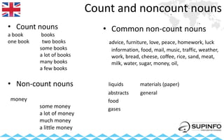 Count and noncount nouns
• Count nouns
a book books
one book two books
some books
a lot of books
many books
a few books
• Non-count nouns
money
some money
a lot of money
much money
a little money
• Common non-count nouns
advice, furniture, love, peace, homework, luck
information, food, mail, music, traffic, weather,
work, bread, cheese, coffee, rice, sand, meat,
milk, water, sugar, money, oil,
liquids materials (paper)
abstracts general
food
gases
 