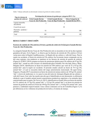Tabla 7. Manejo utilizando un determinado sistema de gestión de residuos animales.
Tipo de sistema de
gestión del estiércol
Participación del sistema de gestión por categoría IPCC (%)
3A2ai Ganado Bovino
Vacas de Alta Producción
3A2aii Ganado Bovino
Vacas de Baja Producción
Otras Categorías de
Ganado Bovino IPCC
Laguna anaerobia
descubierta
7 5
Corral (Lote seco) 95
Pastizales / praderas /
potreros
93 100
Total 100 100 100
Fuente elaboración propia.
RESULTADOS Y DISCUSIÓN
Factores de emisión de CH4 entérico (3A1ai) y gestión de estiércol (3A2ai) para Ganado Bovino-
Vacas de Alta Producción.
La categoría Ganado Bovino Vacas de Alta Producción solo se encuentra en tres de las diez regiones
ganaderas del país. En la Figura 5, se observa que los factores de emisión de CH4 entérico (3A1ai)
varían poco entre la Región Cundiboyacense y la Región del eje cafetero y valle del Cauca. Para la
región sur occidente, el factor de emisión de CH4 entérico fue levemente menor comparado con las
dos otras regiones; esta tendencia se mantiene en los factores de emisión de gestión de estiércol
(Figura 6). El IPCC (2019), propuso un factor de emisión por defecto para CH4 entérico de 87 kg CH4
animal-1
año-1
, siendo un valor cercano a lo identificado para Colombia. Por otro lado, Parra y Mora-
Delgado (2019), identificaron un factor de emisión de CH4 entérico que varió de 52 a 93 kg CH4
animal-1
año-1
para la región sur occidente. El presente estudio calculó un factor de 79.3 kg CH4
animal-1
año-1
, el cual se encuentra dentro del rango anteriormente mencionado. De igual forma,
Noguera y Posada (2017) encontraron un factor de emisión de metano entérico de 105 kg CH4 animal-
1
año-1
a través de mediciones in vivo para la zona del norte de Antioquia (Región del eje cafetero y
valle del Cauca). Este valor fue mucho más alto que el identificado en este documento; su diferencia
obedeció a que el modelo animal mostró características productivas superiores a los animales tipos
caracterizados para la región. Du Toit et al. (2013), identificaron en South África un factor de emisión
de CH4 entérico de 127 kg CH4 animal-1
año-1
y 132 kg CH4 animal-1
año-1
y un factor de emisión de
metano de gestión de estiércol (3A2ai) de 4.98 kg CH4 animal-1
año-1
y 14.8 kg CH4 animal-1
año-1
para
pastoreo y estabulado respectivamente. Estos valores contrastan con los de Colombia (Figura 5 y 6)
por diferencias en los volúmenes de producción de leche y el sistema de manejo.
 