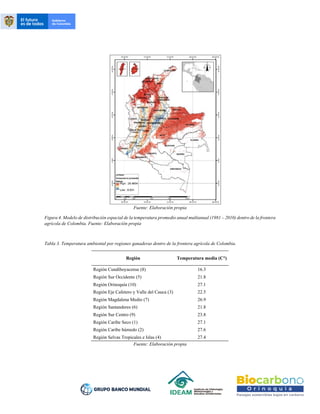 Fuente: Elaboración propia
Figura 4. Modelo de distribución espacial de la temperatura promedio anual multianual (1981 – 2010) dentro de la frontera
agrícola de Colombia. Fuente: Elaboración propia
Tabla 3. Temperatura ambiental por regiones ganaderas dentro de la frontera agrícola de Colombia.
Región Temperatura media (C°)
Región Cundiboyacense (8) 16.3
Región Sur Occidente (5) 21.8
Región Orinoquía (10) 27.1
Región Eje Cafetero y Valle del Cauca (3) 22.5
Región Magdalena Medio (7) 26.9
Región Santanderes (6) 21.8
Región Sur Centro (9) 23.8
Región Caribe Seco (1) 27.1
Región Caribe húmedo (2) 27.6
Región Selvas Tropicales e Islas (4) 27.4
Fuente: Elaboración propia
 