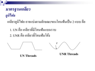 มาตรฐาȨกลียว
ยูนิไฟล
เกลียวยูนิไฟล อาจแบ่งตามลักษณะของโคนฟันเป็น 2 แบบ คือ
1. UN คือ เกลียวที่มีโคนฟันแบนราบ
2. UNR คือ เกลียวที่โคนฟันโค้ง
UN Threads
r
UNR Threads
 