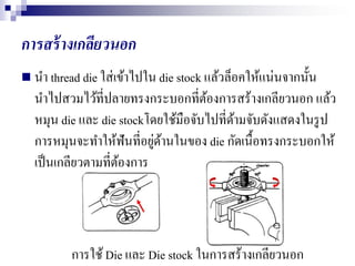 การสร้างเกลียวนอก
 นา thread die ใส่เข้าไปใน die stock แล้วล็อคให้แน่นจากนั้น
นาไปสวมไว้ที่ปลายทรงกระบอกที่ต้องการสร้างเกลียวนอก แล้ว
หมุน die และ die stockโดยใช้มือจับไปที่ด้ามจับดังแสดงในรูป
การหมุนจะทาให้ฟันที่อยู่ด้านในของ die กัดเนื้อทรงกระบอกให้
เป็นเกลียวตามที่ต้องการ
การใช้Die และ Die stock ในการสร้างเกลียวนอก
 