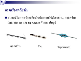 การสร้างเกลียวใน
 อุปกรณ์ในการสร้างเกลียวในประกอบไปด้วย สว่าน, ดอกสว่าน
(drill bit), tap และ tap wrench ดังแสดงในรูป
ดอกสว่าน Tap Tap wrench
 