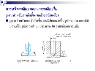 การสร้างเกลียวนอก และเกลียวใน
รูเจาะสาหรับการยึดชิ้นงานด้วยสลักเกลียว
 รูเจาะสาหรับการจับยึดชิ้นงานมีลักษณะเป็นรูปทรงกระบอกที่มี
ปลายเป็นรูปกรวยทามุมประมาณ 30 องศากับแนวระดับ
 