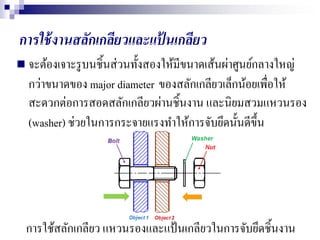 การใช้งานสลักเกลียวและแป้ นเกลียว
 จะต้องเจาะรูบนชิ้นส่วนทั้งสองให้มีขนาดเส้นผ่าศูนย์กลางใหญ่
กว่าขนาดของ major diameter ของสลักเกลียวเล็กน้อยเพื่อให้
สะดวกต่อการสอดสลักเกลียวผ่านชิ้นงาน และนิยมสวมแหวนรอง
(washer) ช่วยในการกระจายแรงทาให้การจับยึดนั้นดีขึ้น
การใช้สลักเกลียว แหวนรองและแป้นเกลียวในการจับยึดชิ้นงาน
 