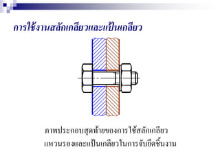 การใช้งานสลักเกลียวและแป้ นเกลียว
ภาพประกอบสุดท้ายของการใช้สลักเกลียว
แหวนรองและแป้นเกลียวในการจับยึดชิ้นงาน
 