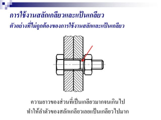 การใช้งานสลักเกลียวและแป้ นเกลียว
ตัวอย่างที่ไม่ถูกต้องของการใช้งานสลักและแป้ นเกลียว
ความยาวของส่วนที่เป็นเกลียวมากจนเกินไป
ทาให้ลาตัวของสลักเกลียวเลยแป้นเกลียวไปมาก
 