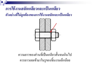 การใช้งานสลักเกลียวและแป้ นเกลียว
ตัวอย่างที่ไม่ถูกต้องของการใช้งานสลักและแป้ นเกลียว
ความยาวของส่วนที่เป็นเกลียวสั้นจนเกินไป
ควรยาวเลยเข้ามาในรูของชิ้นงานเล็กน้อย
 