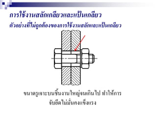 การใช้งานสลักเกลียวและแป้ นเกลียว
ตัวอย่างที่ไม่ถูกต้องของการใช้งานสลักและแป้ นเกลียว
ขนาดรูเจาะบนชิ้นงานใหญ่จนเกินไป ทาให้การ
จับยึดไม่มั่นคงแข็งแรง
 