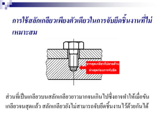 ส่วนที่เป็นเกลียวบนสลักเกลียวยาวมากจนเกินไปซึ่งอาจทาให้เมื่อขัน
เกลียวจนสุดแล้ว สลักเกลียวยังไม่สามารถจับยึดชิ้นงานไว้ด้วยกันได้
การใช้สลักเกลียวเพียงตัวเดียวในการจับยึดชิ้นงานที่ไม่
เหมาะสม
 