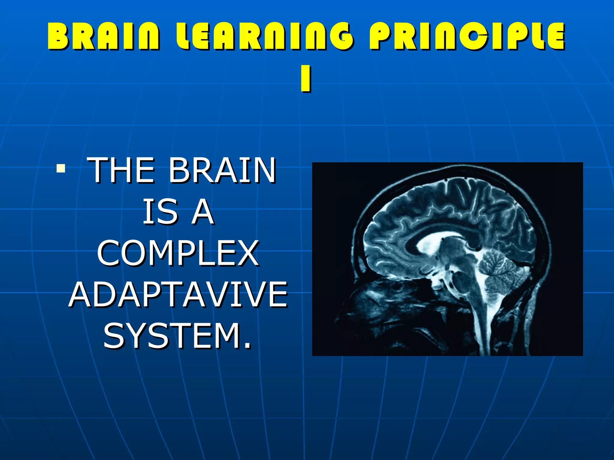 BRAIN LEARNING PRINCIPLE 1 THE BRAIN IS A COMPLEX ADAPTAVIVE SYSTEM. 