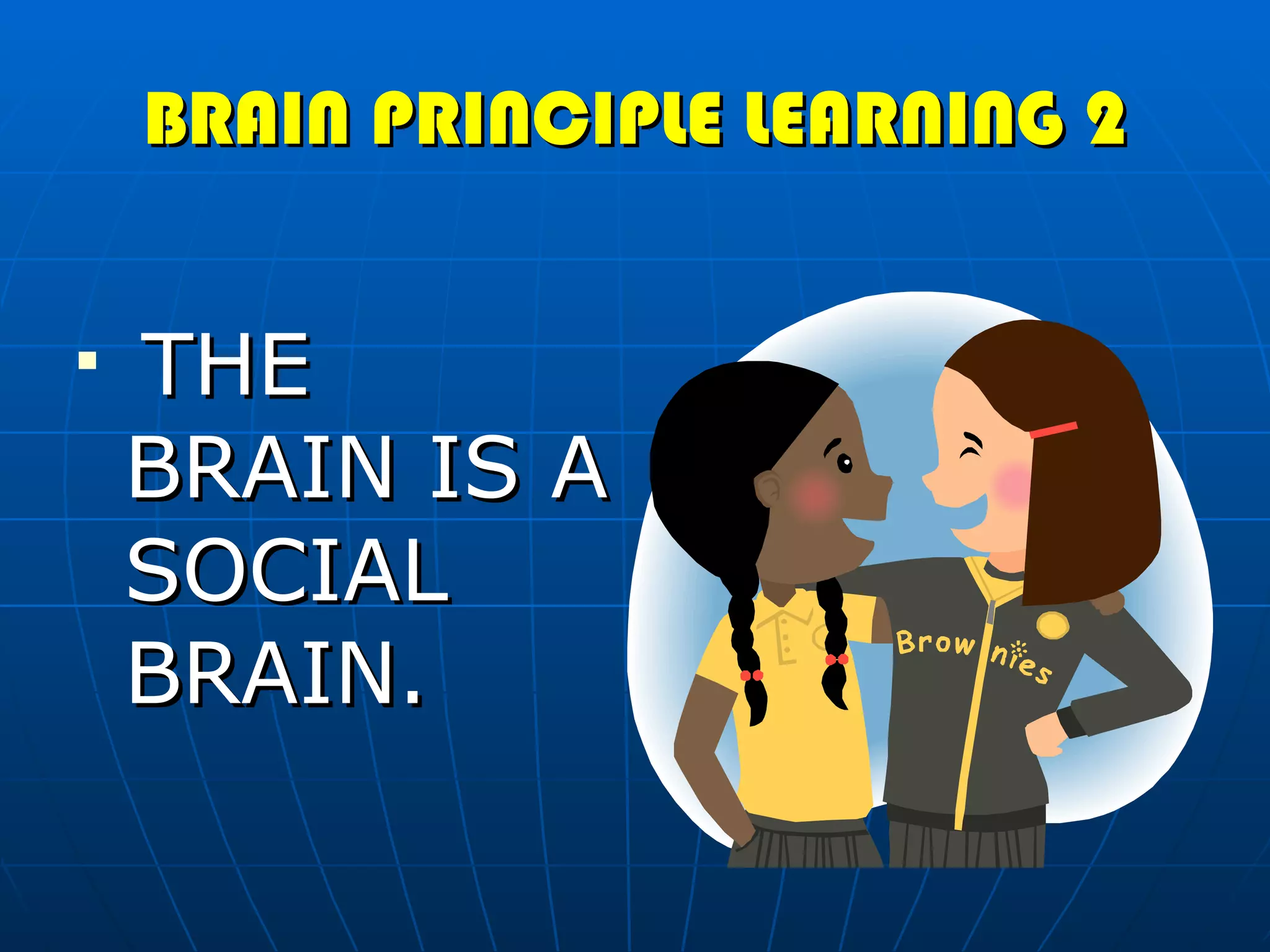 BRAIN PRINCIPLE LEARNING 2 THE BRAIN IS A SOCIAL BRAIN. 