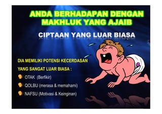 CIPTAAN YANG LUAR BIASA



DIA MEMILIKI POTENSI KECERDASAN
YANG SANGAT LUAR BIASA :
? OTAK (Berfikir)
? QOLBU (merasa & memahami)
? NAFSU (Motivasi & Keinginan)
 