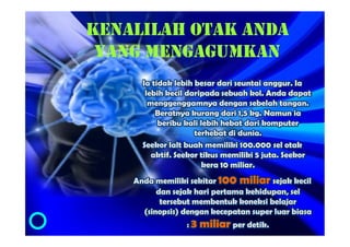 KENALILAH OTAK ANDA
 YANG MENGAGUMKAN
      Ia tidak lebih besar dari seuntai anggur. Ia
       lebih kecil daripada sebuah kol. Anda dapat
        menggenggamnya dengan sebelah tangan.
          Beratnya kurang dari 1,5 kg. Namun ia
           beribu kali lebih hebat dari komputer
                     terhebat di dunia.
      Seekor lalt buah memiliki 100.000 sel otak
         aktif. Seekor tikus memiliki 5 juta. Seekor
                       kera 10 miliar.
    Anda memiliki sekitar 100 miliar sejak kecil
          dan sejak hari pertama kehidupan, sel
           tersebut membentuk koneksi belajar
      (sinopsis) dengan kecepatan super luar biasa
                  :3   miliar per detik.
 