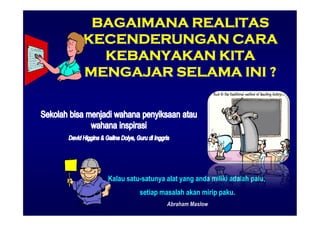 BAGAIMANA REALITAS
KECENDERUNGAN CARA
  KEBANYAKAN KITA
MENGAJAR SELAMA INI ?




  Kalau satu-satunya alat yang anda miliki adalah palu,
            setiap masalah akan mirip paku.
                     Abraham Maslow
 