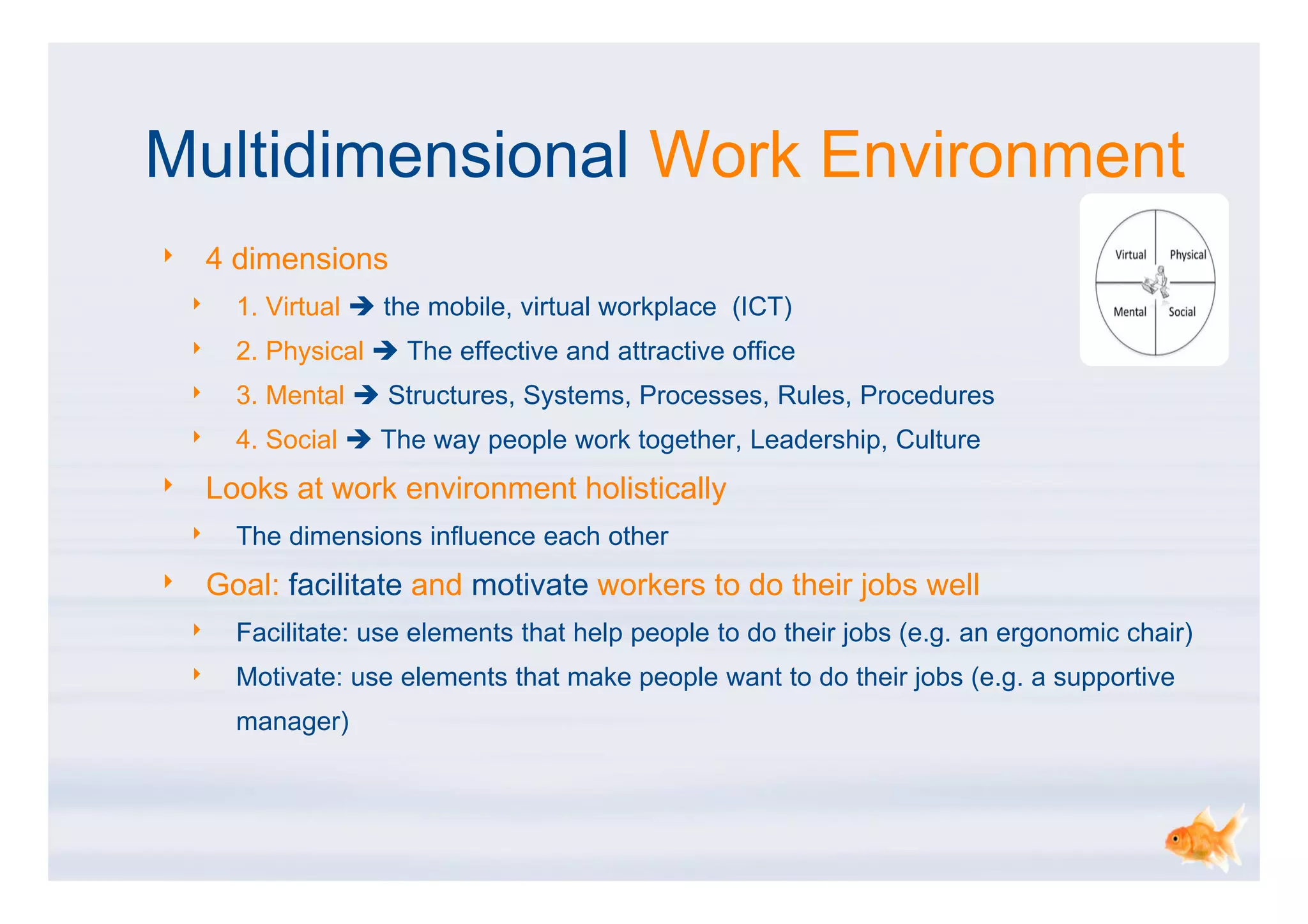 Multidimensional Work Environment
‣       4 dimensions
    ‣     1. Virtual  the mobile, virtual workplace (ICT)
    ‣     2. Physical  The effective and attractive office
    ‣     3. Mental  Structures, Systems, Processes, Rules, Procedures
    ‣     4. Social  The way people work together, Leadership, Culture
‣       Looks at work environment holistically
    ‣     The dimensions influence each other
‣       Goal: facilitate and motivate workers to do their jobs well
    ‣     Facilitate: use elements that help people to do their jobs (e.g. an ergonomic chair)
    ‣     Motivate: use elements that make people want to do their jobs (e.g. a supportive
          manager)
 