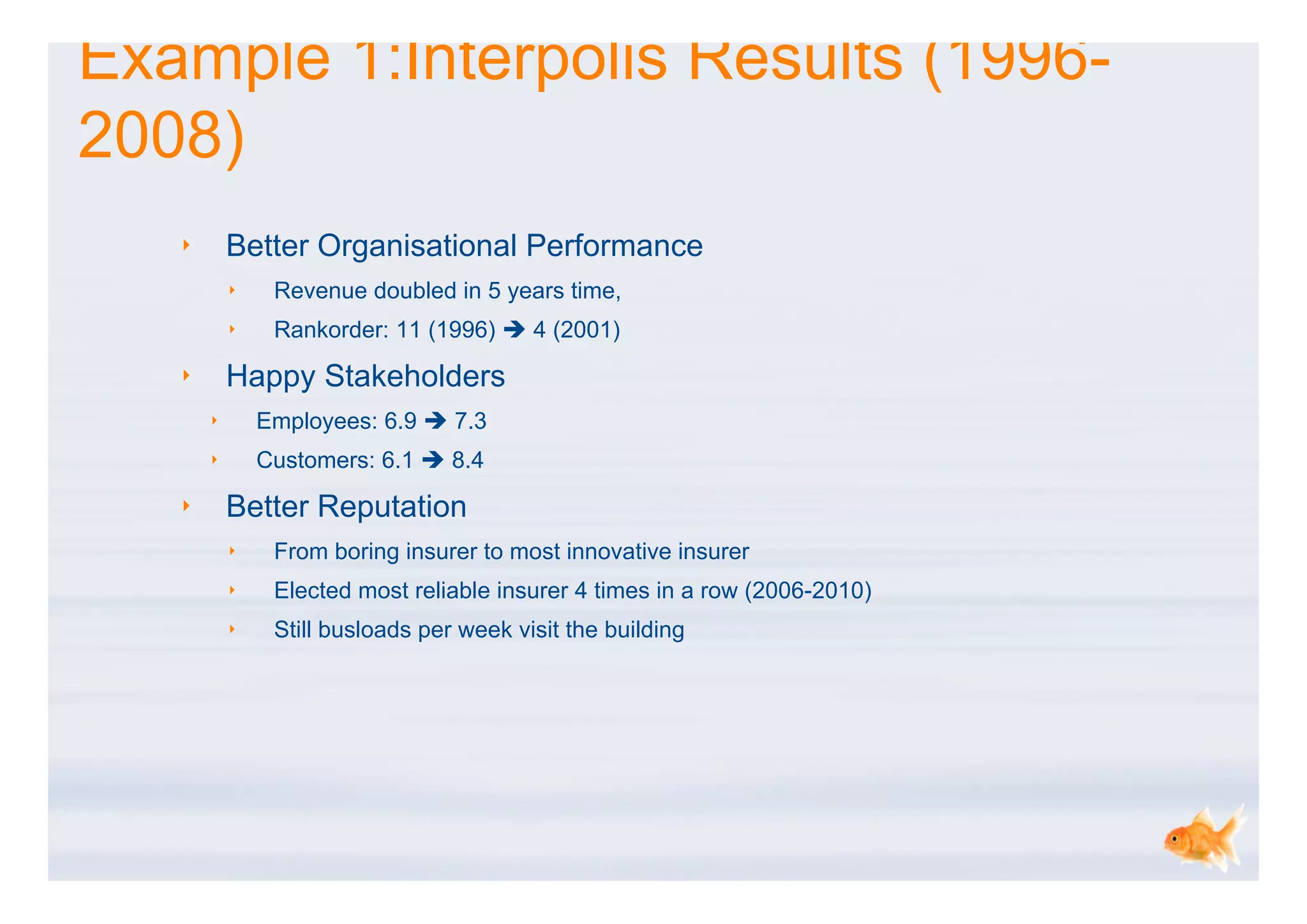 Example 1:Interpolis Results (1996-
2008)
   ‣       Better Organisational Performance
           ‣    Revenue doubled in 5 years time,
           ‣    Rankorder: 11 (1996)  4 (2001)

   ‣       Happy Stakeholders
       ‣       Employees: 6.9  7.3
       ‣       Customers: 6.1  8.4

   ‣       Better Reputation
           ‣    From boring insurer to most innovative insurer
           ‣    Elected most reliable insurer 4 times in a row (2006-2010)
           ‣    Still busloads per week visit the building
 