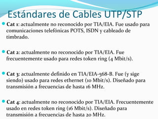 Estándares de Cables UTP/STP
Cat 1: actualmente no reconocido por TIA/EIA. Fue usado para
comunicaciones telefónicas POTS, ISDN y cableado de
timbrado.
Cat 2: actualmente no reconocido por TIA/EIA. Fue
frecuentemente usado para redes token ring (4 Mbit/s).
Cat 3: actualmente definido en TIA/EIA-568-B. Fue (y sige
siendo) usado para redes ethernet (10 Mbit/s). Diseñado para
transmisión a frecuencias de hasta 16 MHz.
Cat 4: actualmente no reconocido por TIA/EIA. Frecuentemente
usado en redes token ring (16 Mbit/s). Diseñado para
transmisión a frecuencias de hasta 20 MHz.
 