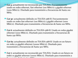 Cat 5: actualmente no reconocido por TIA/EIA. Frecuentemente
usado en redes ethernet, fast ethernet (100 Mbit/s) y gigabit ethernet
(1000 Mbit/s). Diseñado para transmisión a frecuencias de hasta 100
MHz.
Cat 5e: actualmente definido en TIA/EIA-568-B. Frecuentemente
usado en redes fast ethernet (100 Mbit/s) y gigabit ethernet (1000
Mbit/s). Diseñado para transmisión a frecuencias de hasta 100 MHz.
Cat 6: actualmente definido en TIA/EIA-568-B. Usado en redes gigabit
ethernet (1000 Mbit/s). Diseñado para transmisión a frecuencias de
hasta 250 MHz.
Cat 6a: actualmente definido en TIA/EIA-568-B. Usado en un futuro
en redes 10 gigabit ethernet (10000 Mbit/s). Diseñado para
transmisión a frecuencias de hasta 500 MHz.
Cat 7: actualmente no reconocido por TIA/EIA. Usado en un futuro en
redes 10 gigabit ethernet (10000 Mbit/s). Diseñado para transmisión a
 